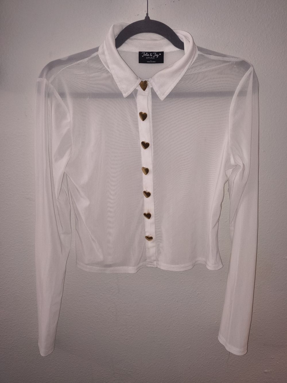 Jolie & Joy White Sheer Mesh Crop Top Gold Heart Buttons Long Sleeve Blouse